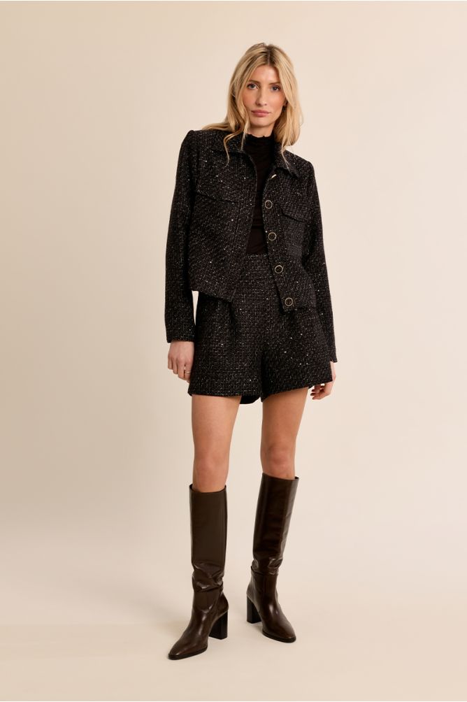 Molly Bracken black bouclé jacket styled with matching shorts