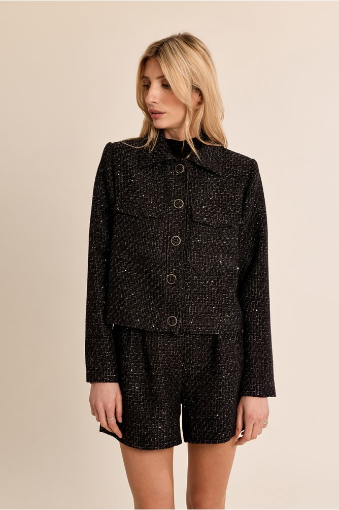 Molly Bracken women’s black short tweed jacket front view