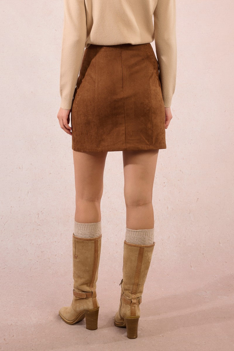 Back view of Molly Bracken camel faux suede high-waist mini skirt with seam detailing.