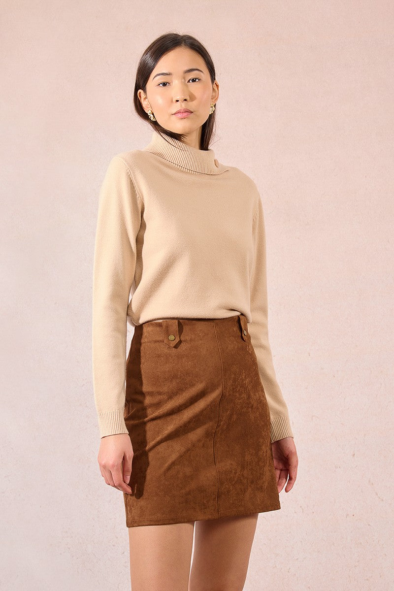 Front view of Molly Bracken camel faux suede straight-fit mini skirt paired with neutral knitwear.