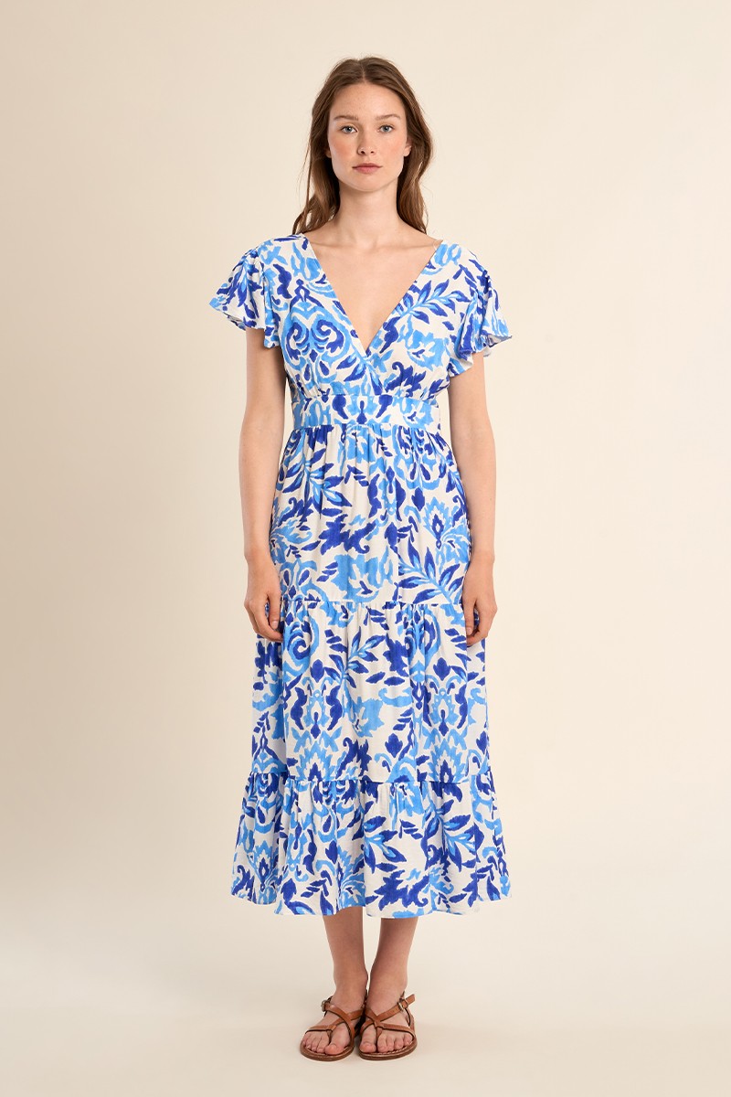 Molly Bracken blue botanic print maxi dress front view with V neckline