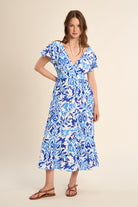 Molly Bracken floral maxi dress close up of blue botanical print and bodice
