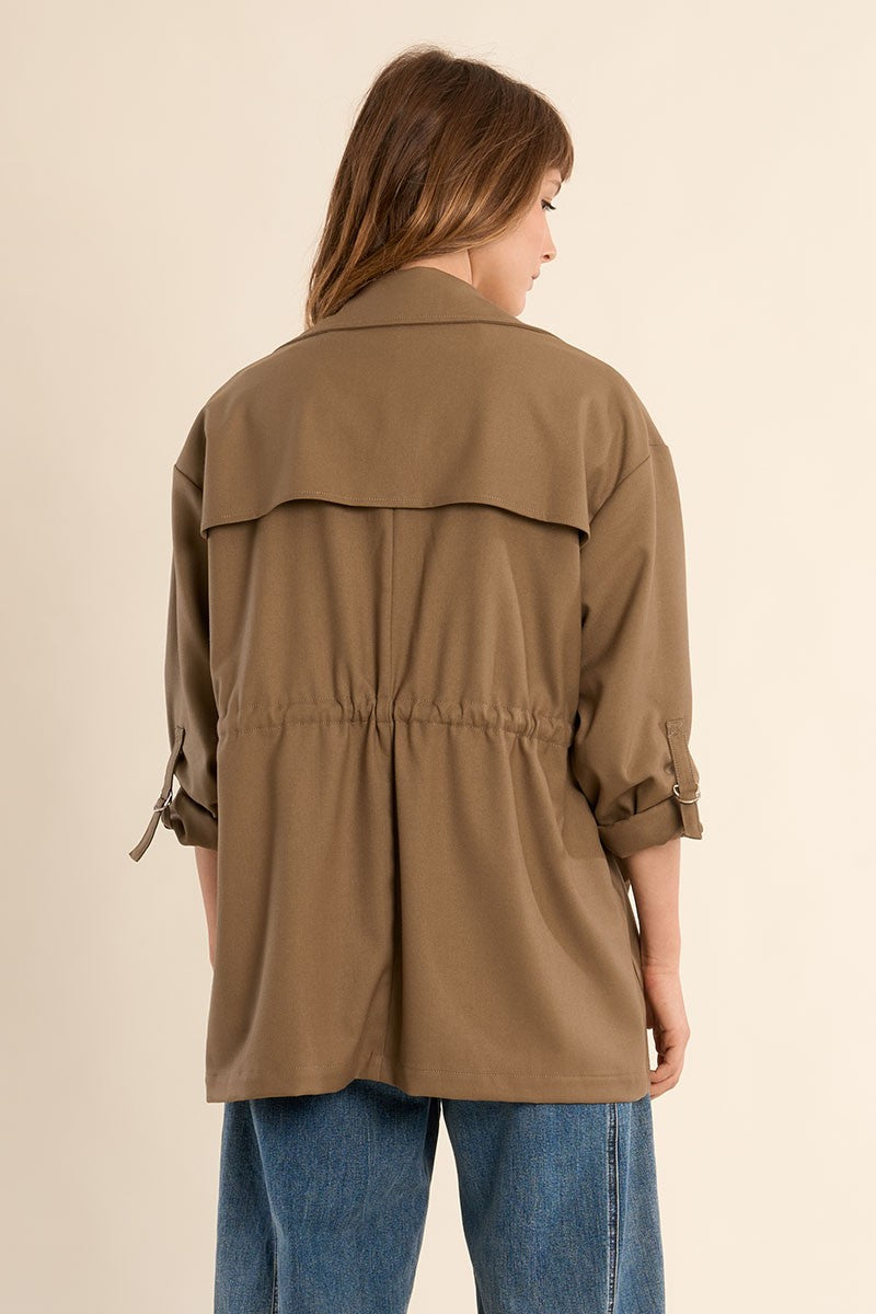 Molly Bracken lightweight jacket showing back drape and gathered waist