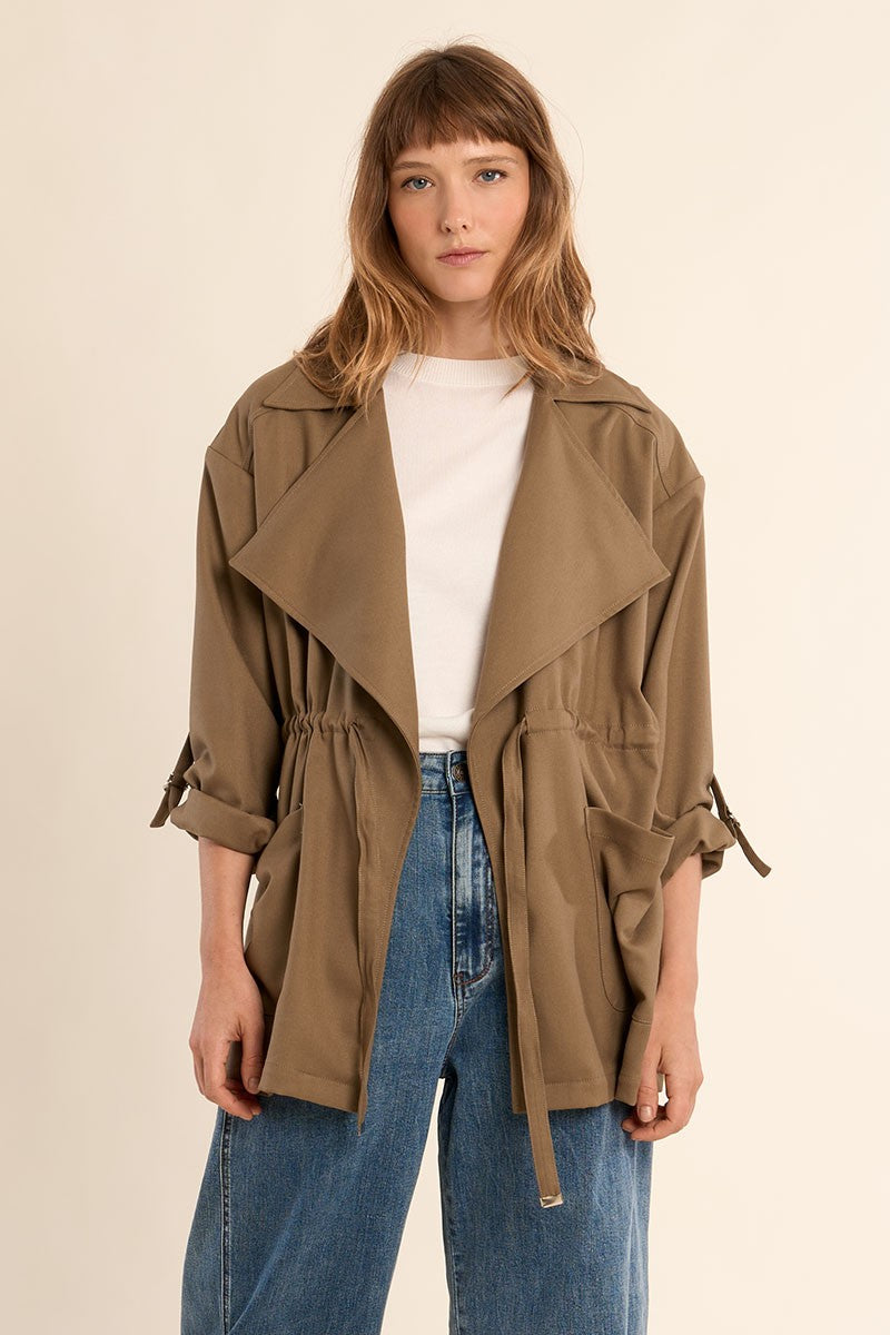 Molly Bracken women’s trench jacket with tie waist and lapel detail