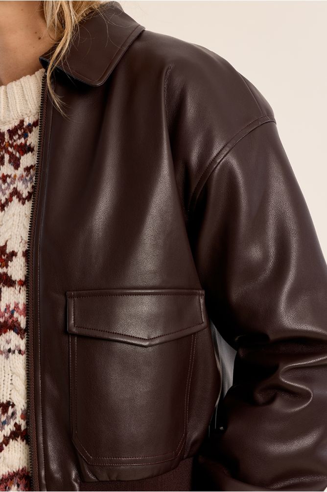 Molly Bracken brown faux leather bomber jacket pocket detail