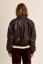 Molly Bracken chocolate brown faux leather bomber jacket back view