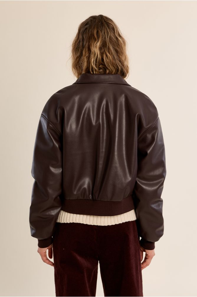 Molly Bracken chocolate brown faux leather bomber jacket back view