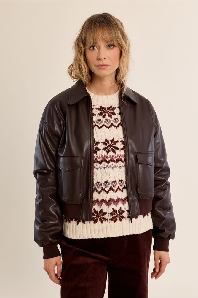 Molly Bracken chocolate brown faux leather bomber jacket front view