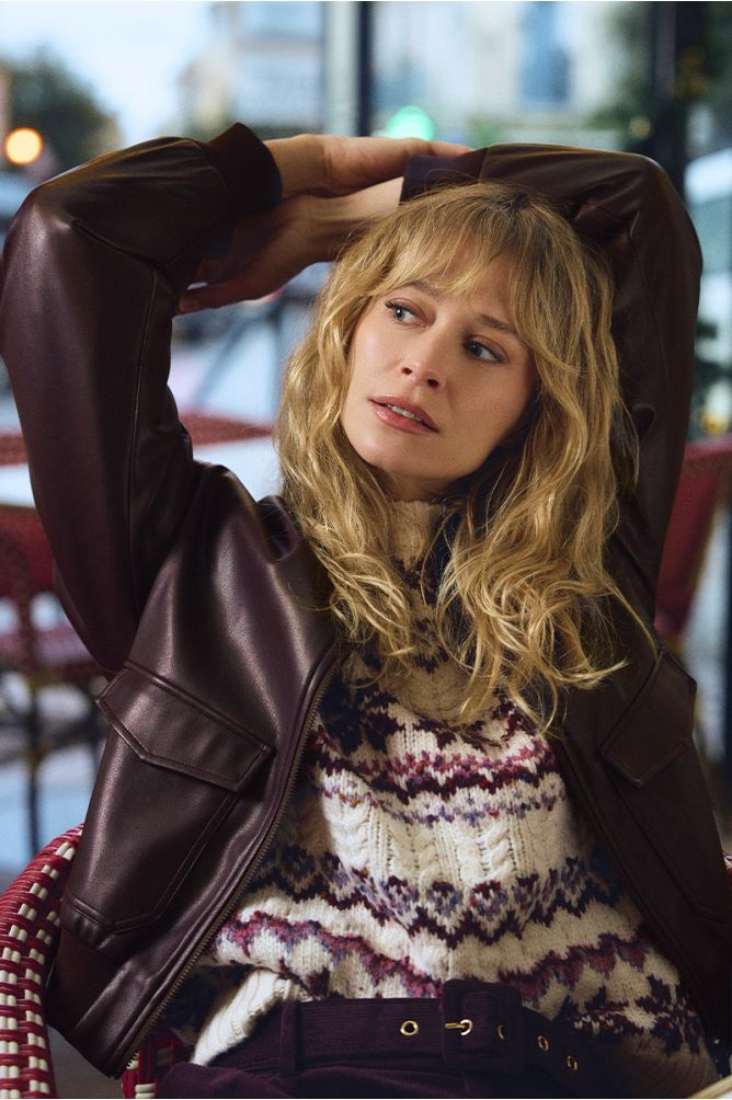 Molly Bracken brown faux leather bomber jacket lifestyle image