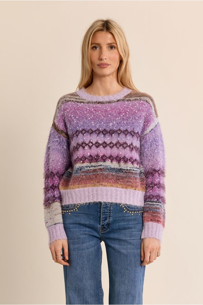 Molly Bracken purple fluffy patterned knit jumper front view