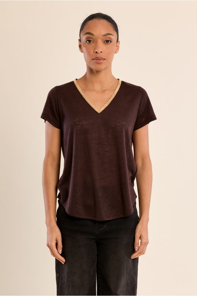 Molly Bracken brown iridescent trim V-neck T-shirt front view