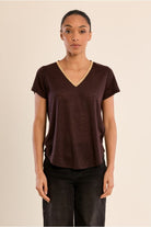 Molly Bracken brown iridescent trim V-neck T-shirt front view