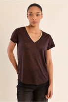 LMolly Bracken women’s brown V-neck T-shirt on model