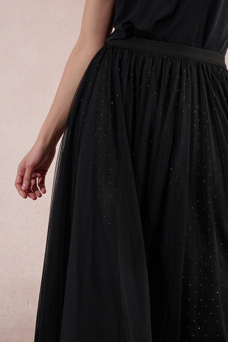 Detailed close-up of waistband and polka dot pleated tulle skirt by Molly Bracken.
