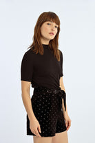 Molly Bracken High Waisted Belted Velvet Shorts In Black