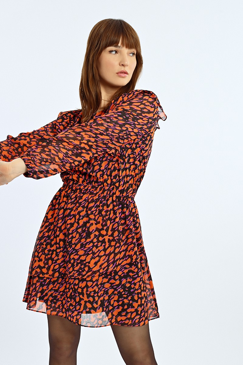 Molly Bracken Orange/Black Short Graphic Print Chiffon Dress With Long Sleeves 