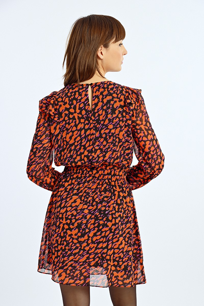 Molly Bracken Orange/Black Short Graphic Print Chiffon Dress From The Back 