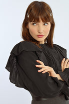 Molly Bracken Black Loose Fit Floaty Ruffled Balloon Sleeve Blouse