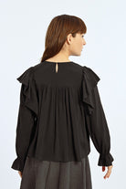 Molly Bracken Black Floaty Ruffled Balloon Sleeve Blouse From The Back 