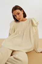 Molly Bracken Floaty Ruffled Balloon Sleeve Blouse In Cream