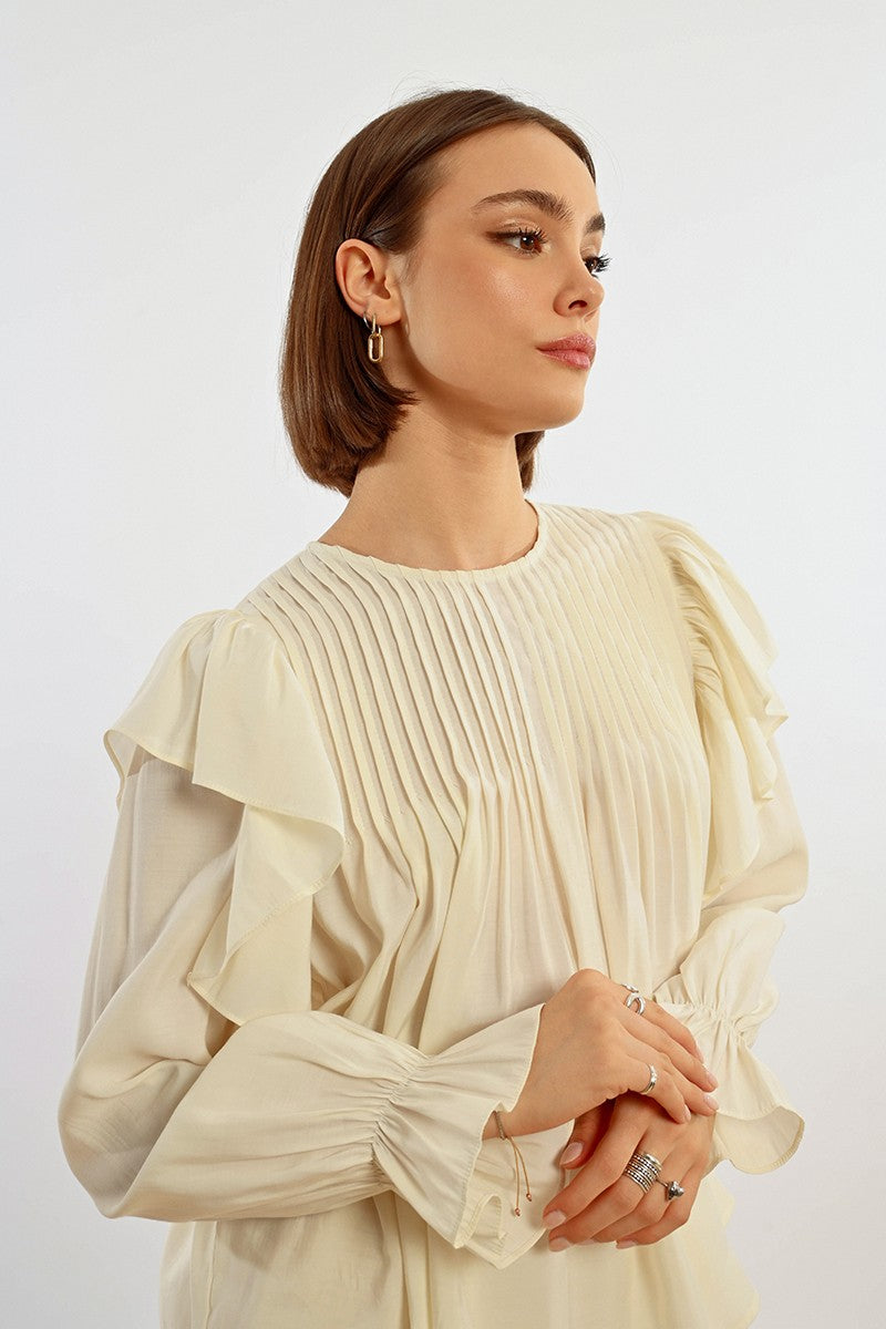 Molly Bracken Cream Floaty Ruffled Balloon Sleeve Blouse