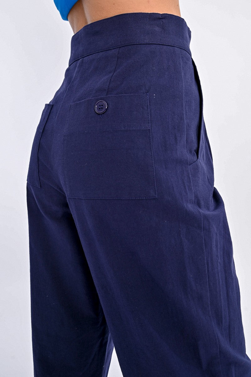 Molly Bracken Navy High Waist Straight Leg Trousers With Back Patch Pockets