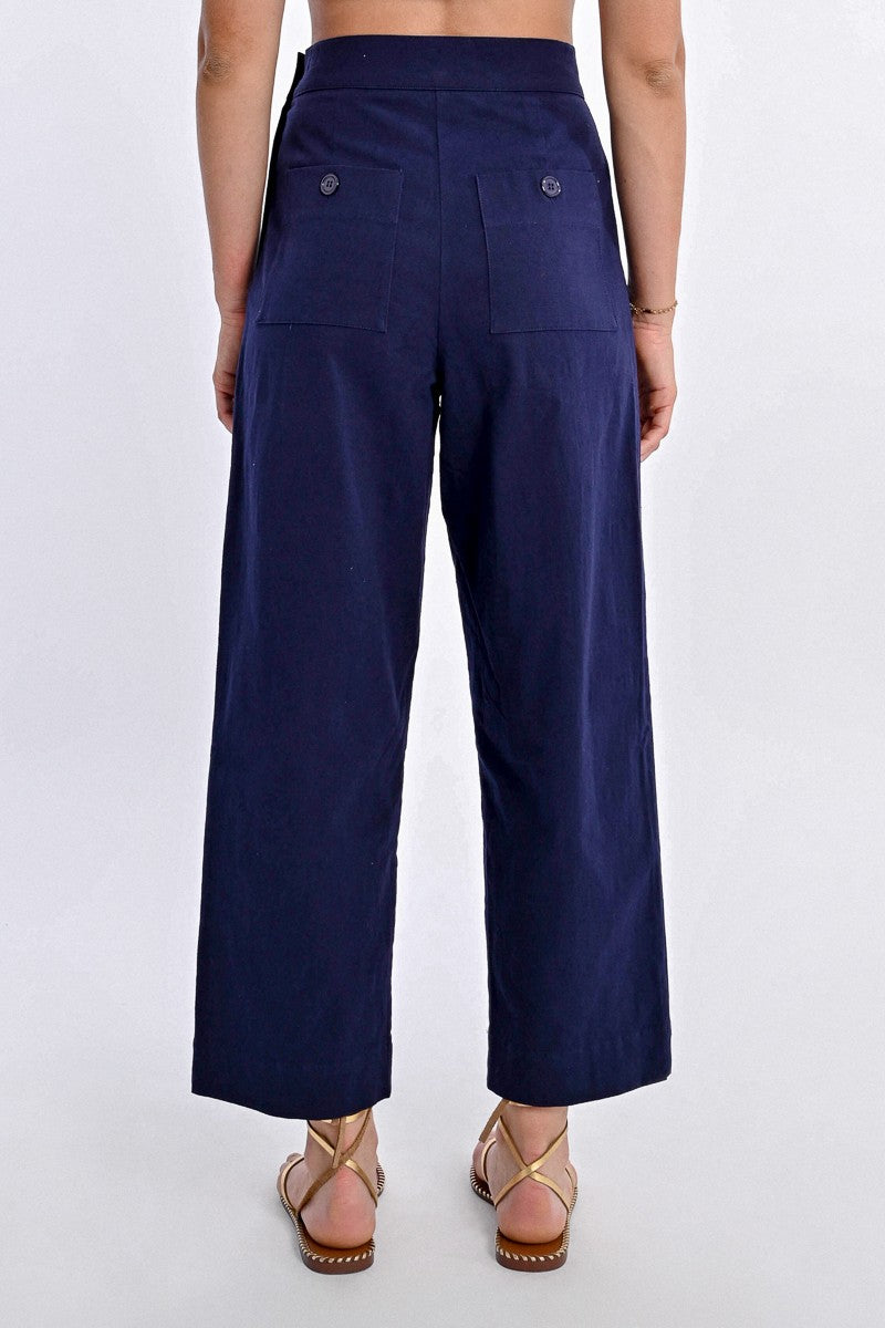 Molly Bracken Navy High Waist Straight Leg Trousers - Back