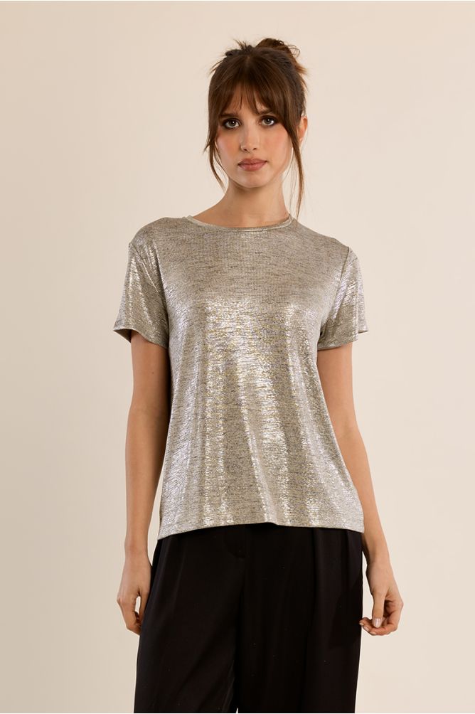 Molly Bracken beige metallic shimmer T-shirt front view