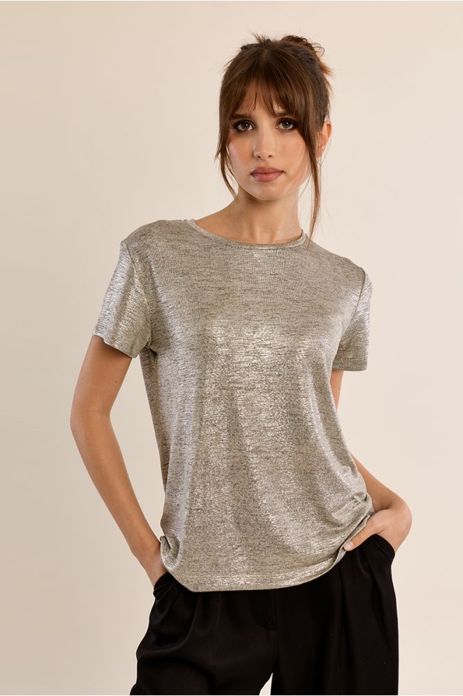 Molly Bracken beige metallic short sleeve top styled on model