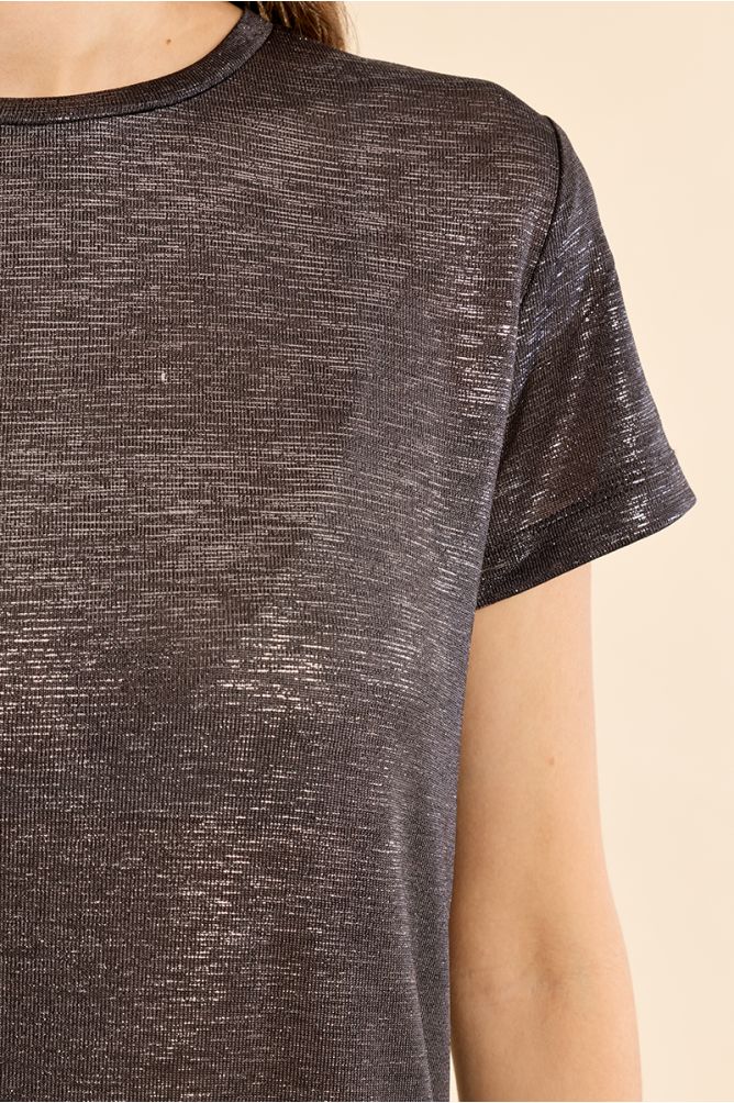Molly Bracken pewter metallic T-shirt styled with black trousers