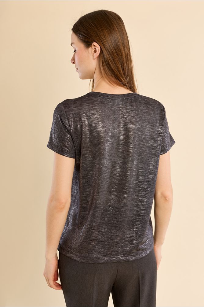 Molly Bracken metallic T-shirt close-up showing shimmer finish