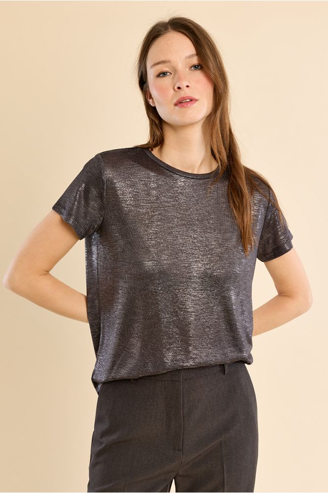 Molly Bracken pewter shimmer T-shirt fabric close-up