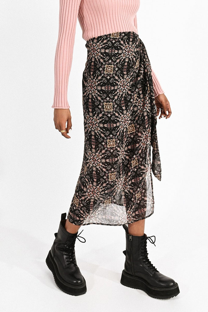 Molly Bracken Black Kaleidoscope Print Side Split Skirt