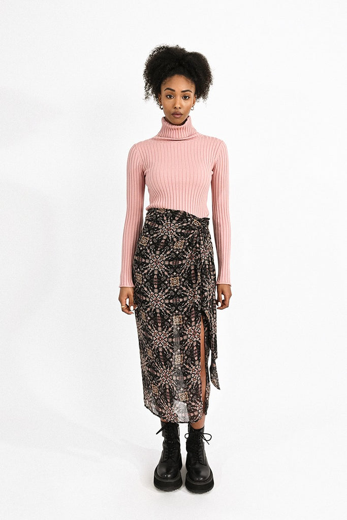 Molly Bracken Black Kaleidoscope Print Side Split Skirt