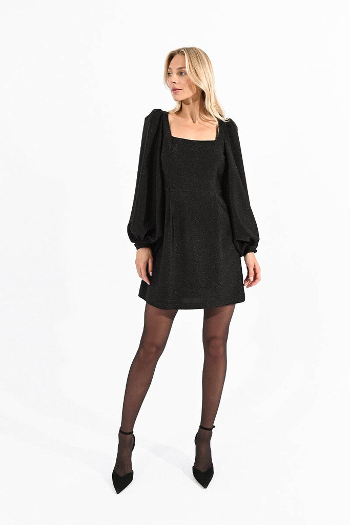 Molly Bracken Black Balloon Sleeve Glitter Mini Dress