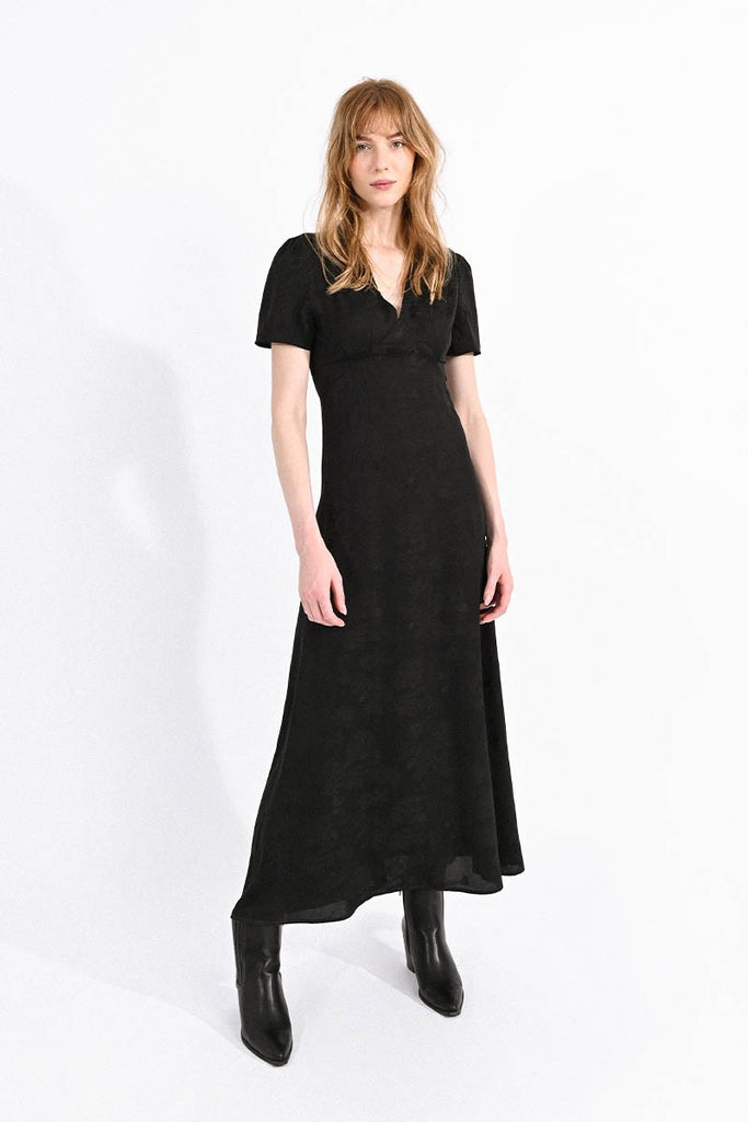 Molly Bracken Black Brocade Print Short Sleeve Maxi Dress