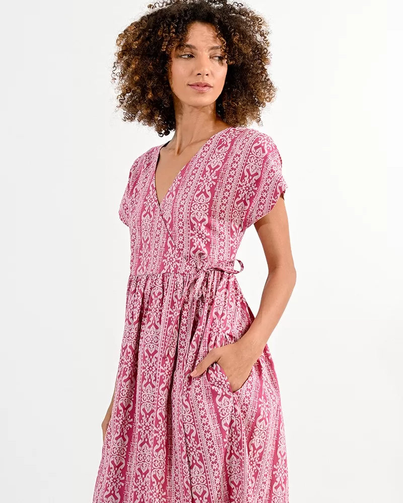 Molly Bracken Pink Ethnic Print Wrap Style Midi Dress With Pockets