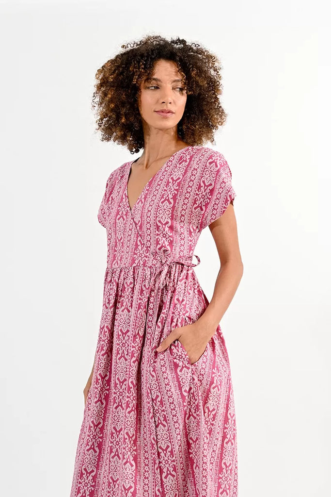 Molly Bracken Pink Ethnic Print Wrap Style Midi Dress With Pockets