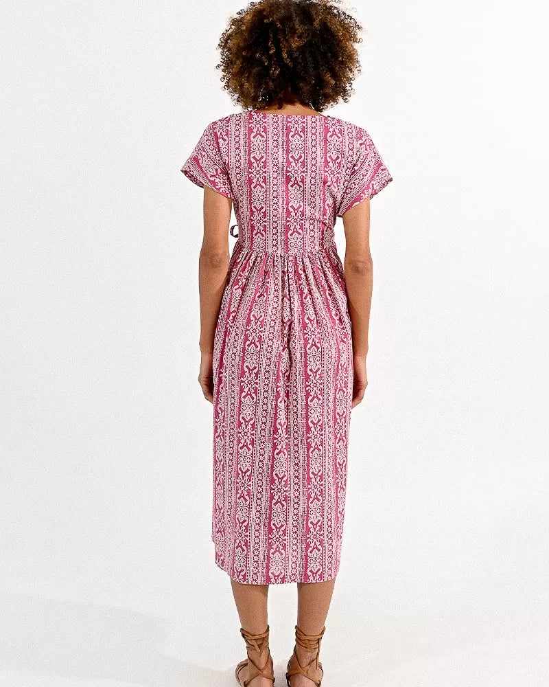 Molly Bracken Pink Ethnic Print Wrap Style Midi Dress From Back