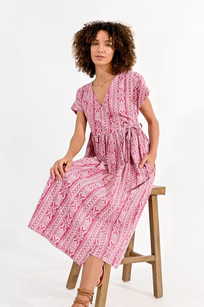 Molly Bracken Pink Ethnic Print Wrap Style Midi Dress