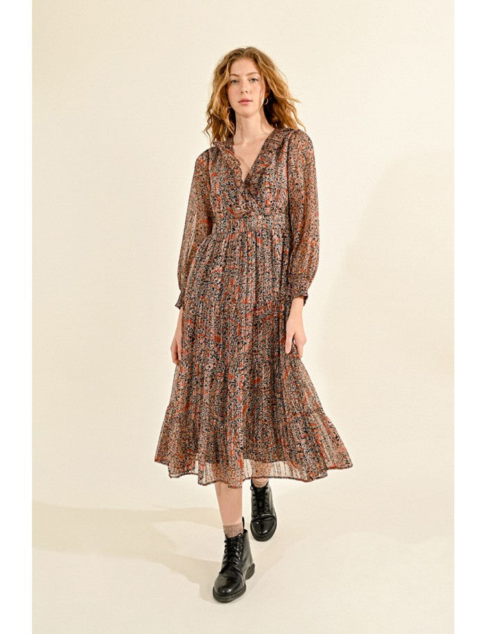 Molly Bracken Boho Floral Print Tiered Midi Dress Long Women s Dresses Ribbon Rouge Boutiques