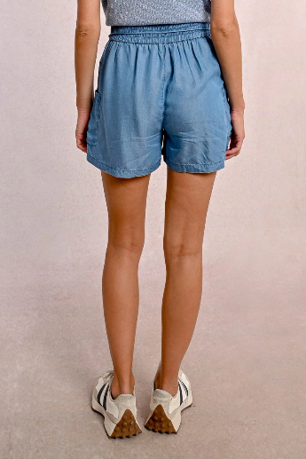 Back view of light blue high-waisted shorts with soft drape