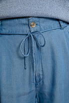 Lightweight blue summer shorts with tie waist and loose silhouette