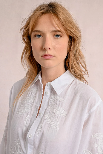 Tonal white palm embroidery on breathable oversized white cotton shirt