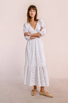 Molly Bracken white midi dress with soft puff sleeves and flattering shape