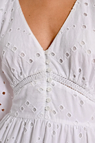 White lace midi dress with V-neckline and buttoned bodice