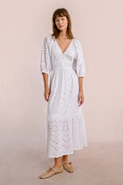 Molly Bracken long white broderie anglaise midi dress with puff sleeves