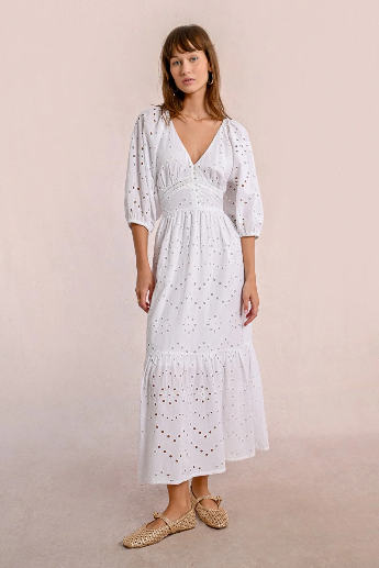 Molly Bracken long white broderie anglaise midi dress with puff sleeves