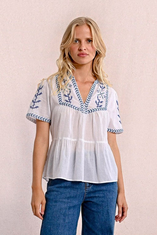 Molly Bracken cotton top highlighting gathered design and embroidered shoulder detail.