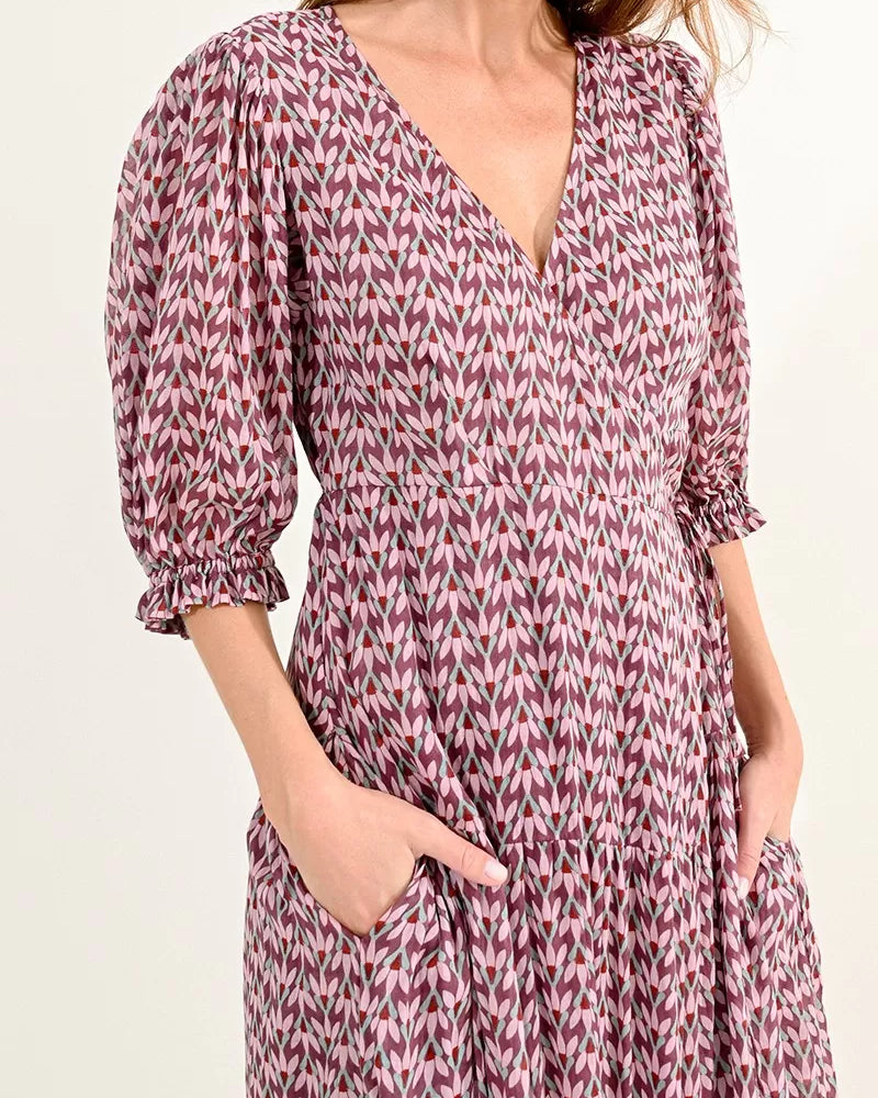 Molly Bracken Pink Batik Print Wrap Style Tiered Maxi Dress With Pockets